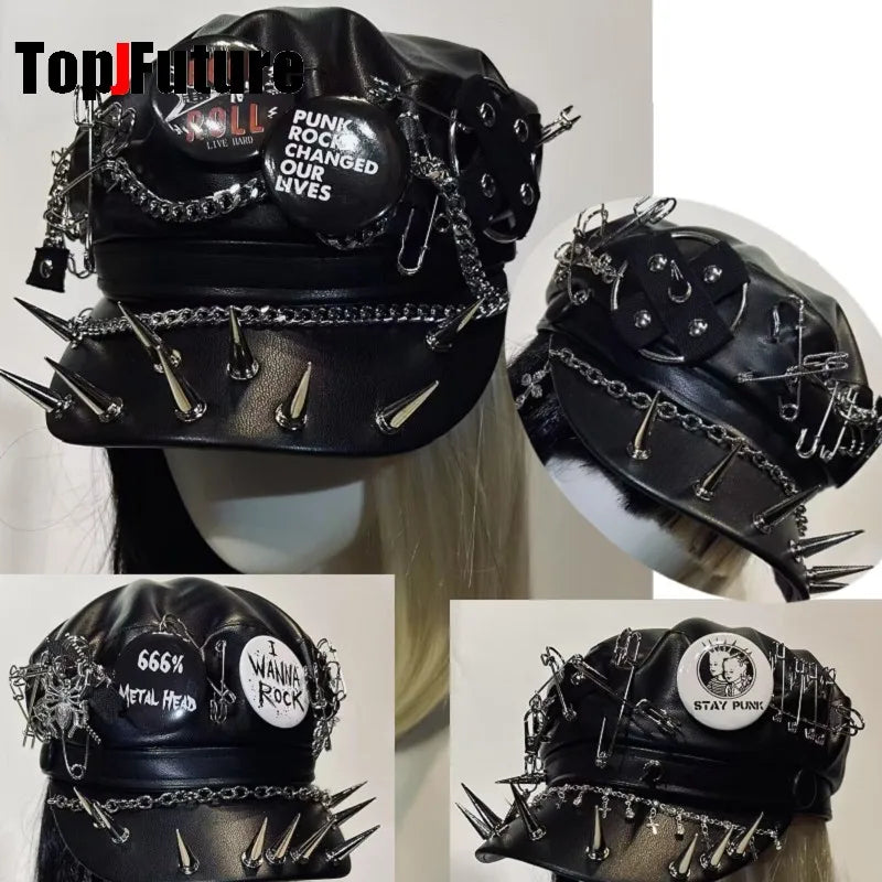 Women's Harajuku Gothic PU Leather Steampunk Rivet Heavy Metal Beret Hat Y2k Girls Steampunk Streetwear Accessories Caps Hat