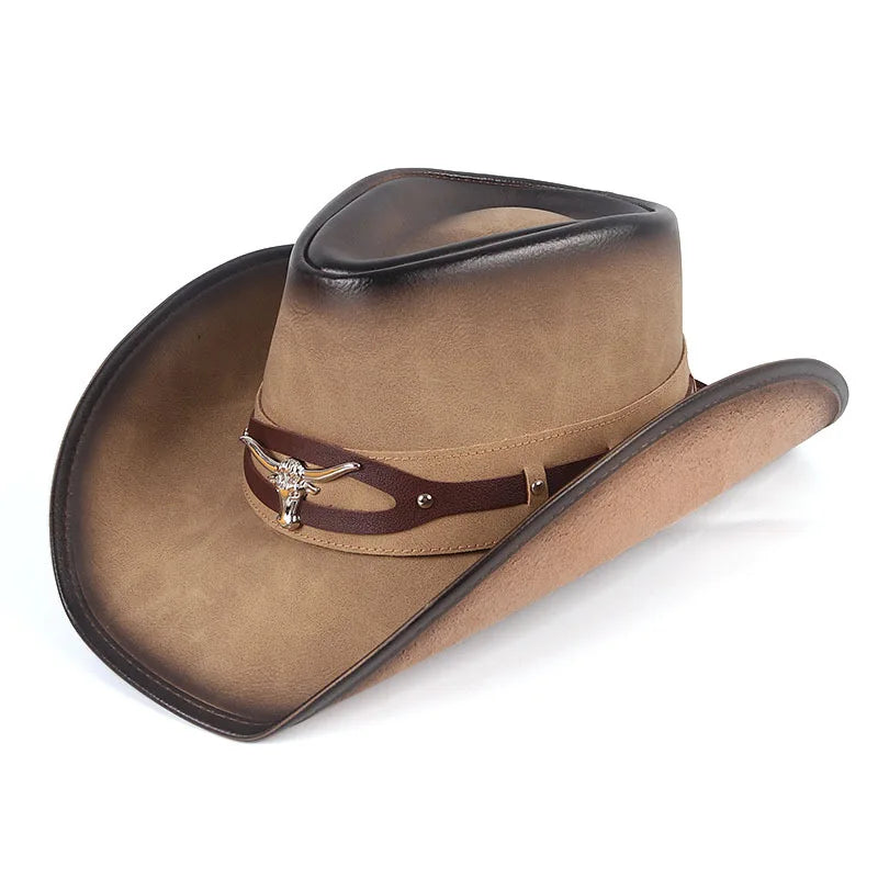 Black Leather Sombrero hombres Western Cowboy Hat Men's Gentleman Godfather Hat PU Material Panama Cowboy Hat Jazz Hat