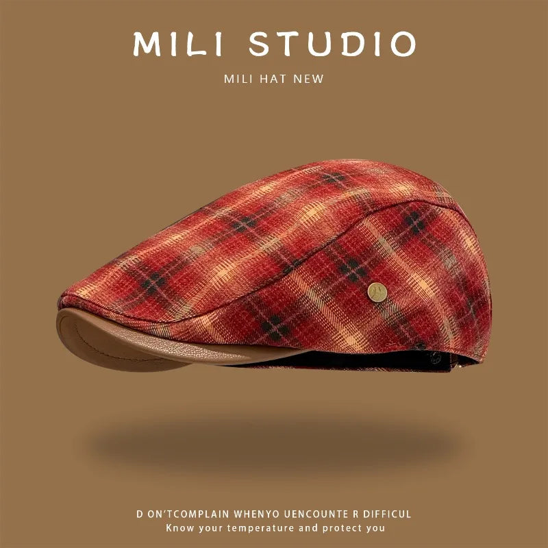 Classic Contrast Plaid Stitching PU Leather Brim Forward Hats Women Spring Autumn Street Trend Versatile Casual Literary Berets
