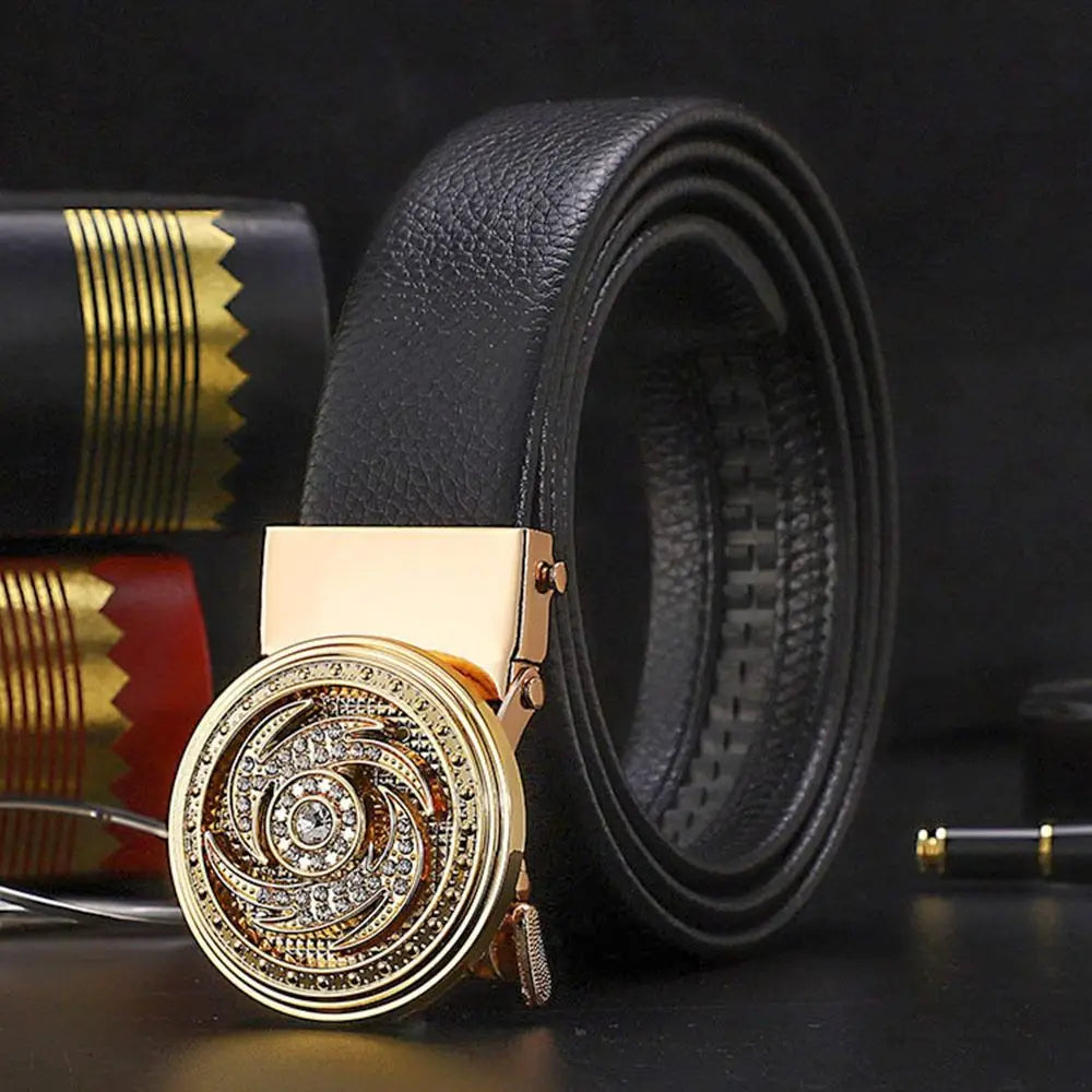 Men Business Time To Run Belt Man Automatic Buckle Leather Belt Golden Waist Buckle Males Luxury Belt Rhinestone Decoration