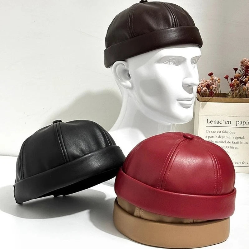 PU Leather Driver Hat Retro Round Top No Brim Japanese Style Skull Cap for Daily Hiphop Street Fashion Unisex for Men and Women