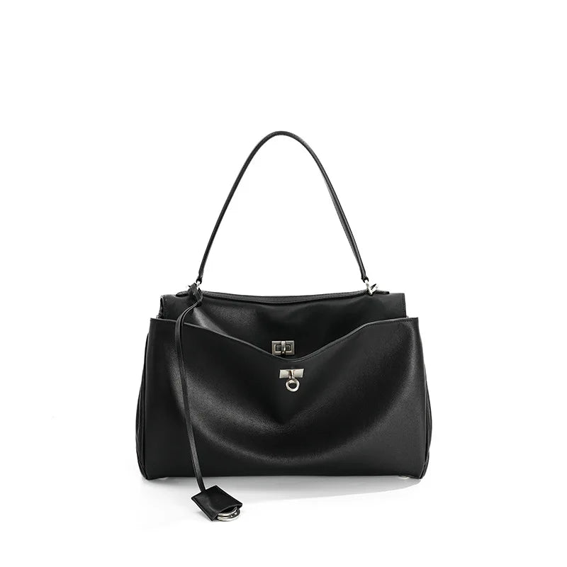 Genuine Leather Tote Bag with Buckle Closure, Large Capacity Underarm Shoulder Bag Designer Handbag Crossbody Purse for Women