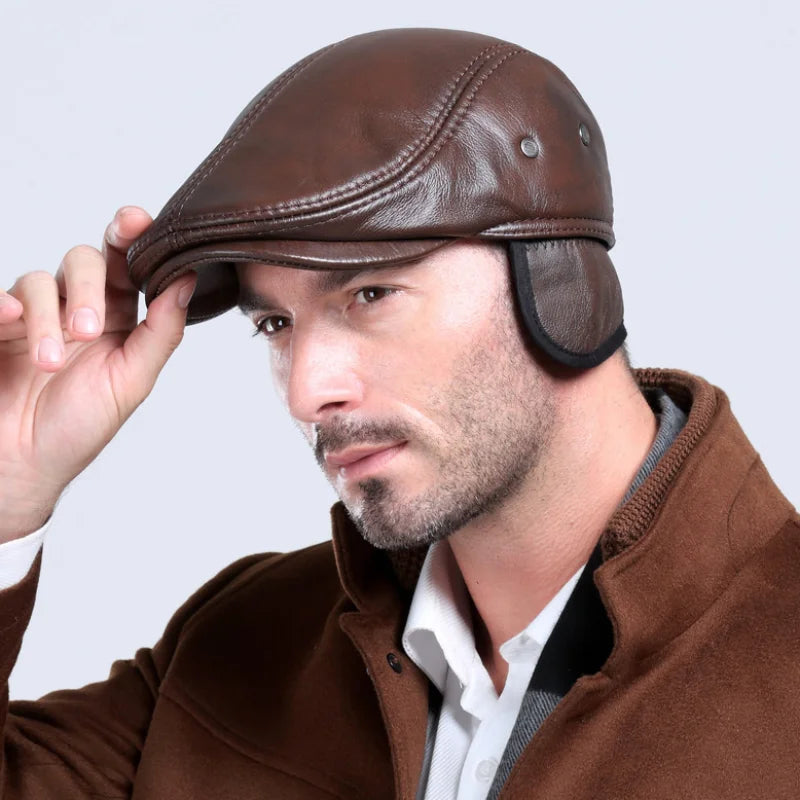 Men's outdoor leather hat winter Berets male warm Ear protection cap 100% genuine leather dad hat wholesale Leisure bone