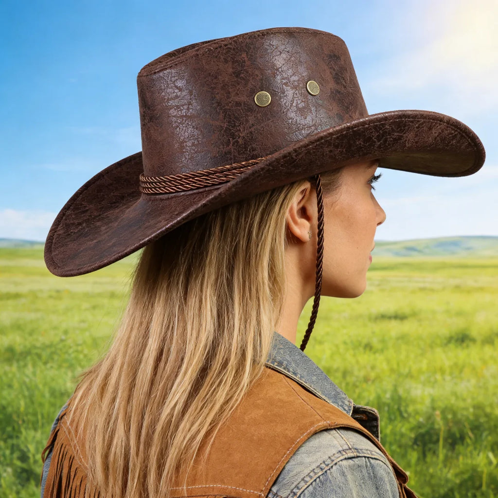 Vintage Faux Leather Big-edge Western Cowboy Hats Panama Gentleman Cowgirl Jazz Hat Holidays Party Cosplay Hat