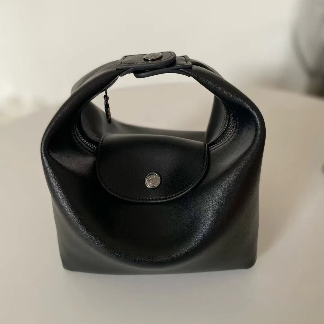 Full leather lunch box bag, hand bag, messenger bag, French shoulder bag with shoulder strap women's bag.