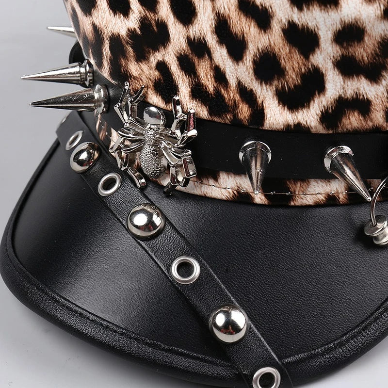 Women's Vintage Leather Beret Hat with Leopard Print Silver Rivets Slimming Face Daily Fashion Caps for Oval Round Face