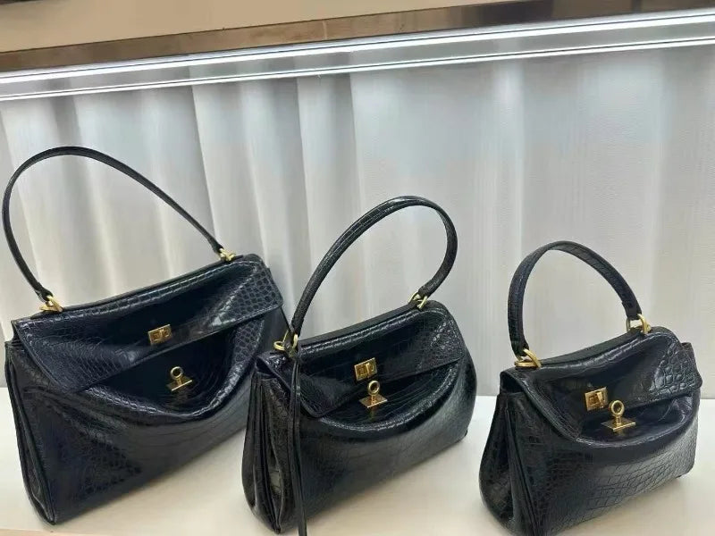 Genuine Leather Tote Bag with Buckle Closure, Large Capacity Underarm Shoulder Bag Designer Handbag Crossbody Purse for Women