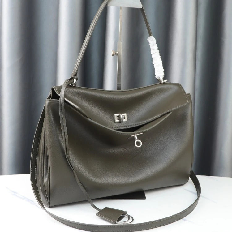 Genuine Leather Tote Bag with Buckle Closure, Large Capacity Underarm Shoulder Bag Designer Handbag Crossbody Purse for Women
