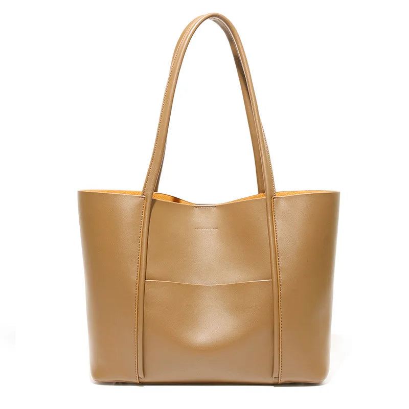 Genuine Leather Tote Bag for Women Commute Large Bag with Detachable Pouch & Shoulder Strap Logo-Free Minimalist Quiet Luxury