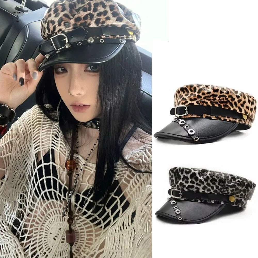 Fashion Sex Rivet Leopard Hat Punk Gothic Y2k Beret Hat Harajuku Pu Leather Flat Top Cap for Girls