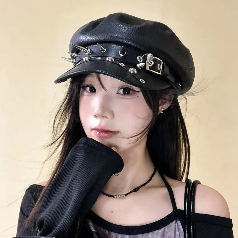 Gothic Punk Faux Leather Military Cap Spiked Studded Cadet Hat with Buckle Strap Retro Biker Captain Hat for Cosplay Rock Party