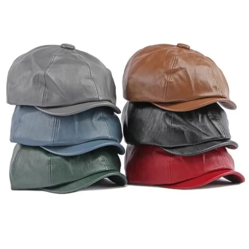 Retro Octagonal Leather Hat Autumn Men's Beret Elegant Fashion Cap Caps Men Women PU Leather Beret British Retro Octagonal Hat
