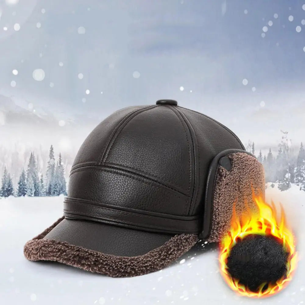 Leather Hat Winter Waterproof Thicken Earmuffs Warm Russian Ski Hat Windproof Cold Flat Cap For Elder Men Women Essential Winter
