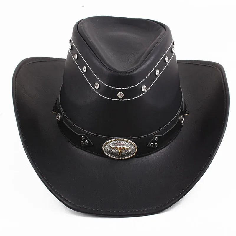 Black Leather Sombrero hombres Western Cowboy Hat Men's Gentleman Godfather Hat PU Material Panama Cowboy Hat Jazz Hat