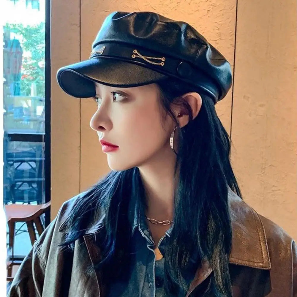 British Style Berets Visor Pu Leather Flat Top Hat Retro Black Painter Hat Classic Versatile Adjustable Beret Casual Sun Hats