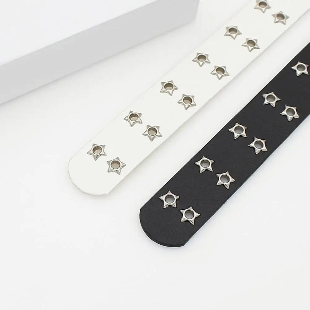 Y2K Punk Rivet Leather Belts  Star PU Black White Waist Strap Double Row Hollow For Jeans Skirt Decor Gothic Waistband