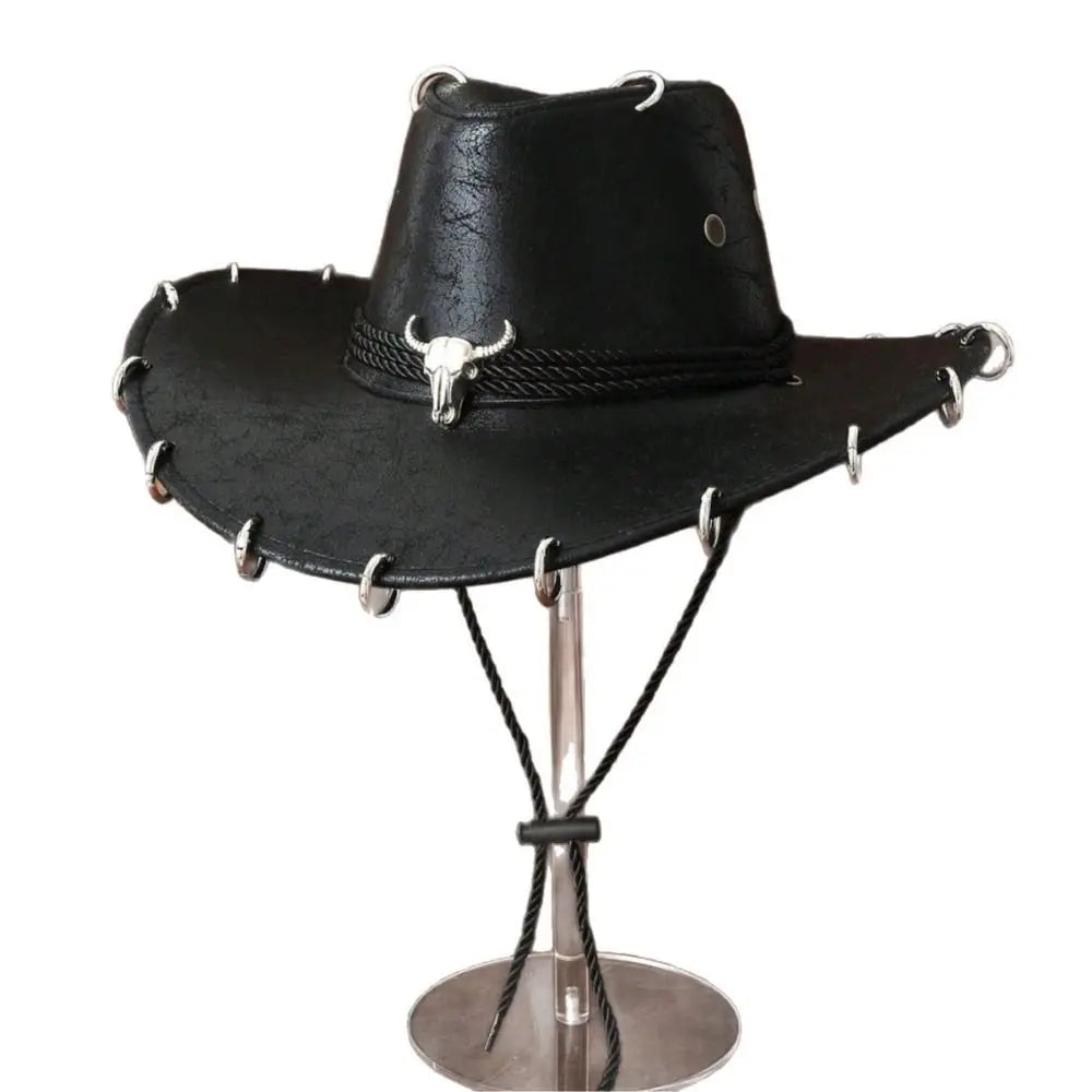 Fashion Wide Brim Western Cowboy Hat Pu Leather Ethnic Style Panama Cap Punk Solid Color Jazz Hat Ladies