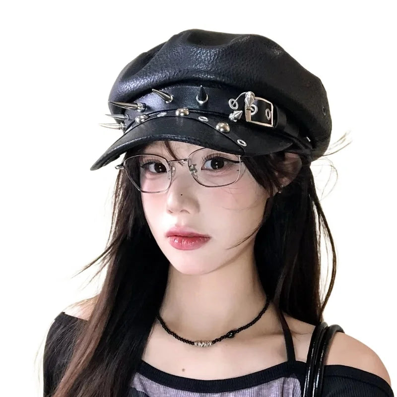 Gothic Punk Faux Leather Military Cap Spiked Studded Cadet Hat with Buckle Strap Retro Biker Captain Hat for Cosplay Rock Party