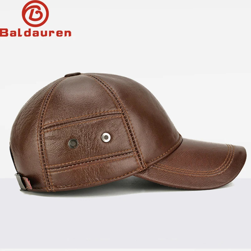 2026 New Style Men Cowhide Hat Winter Warm Outdoor Protect Ear Real Leather Adjustable Baseball Cap Men Real Cowhide Leather Cap