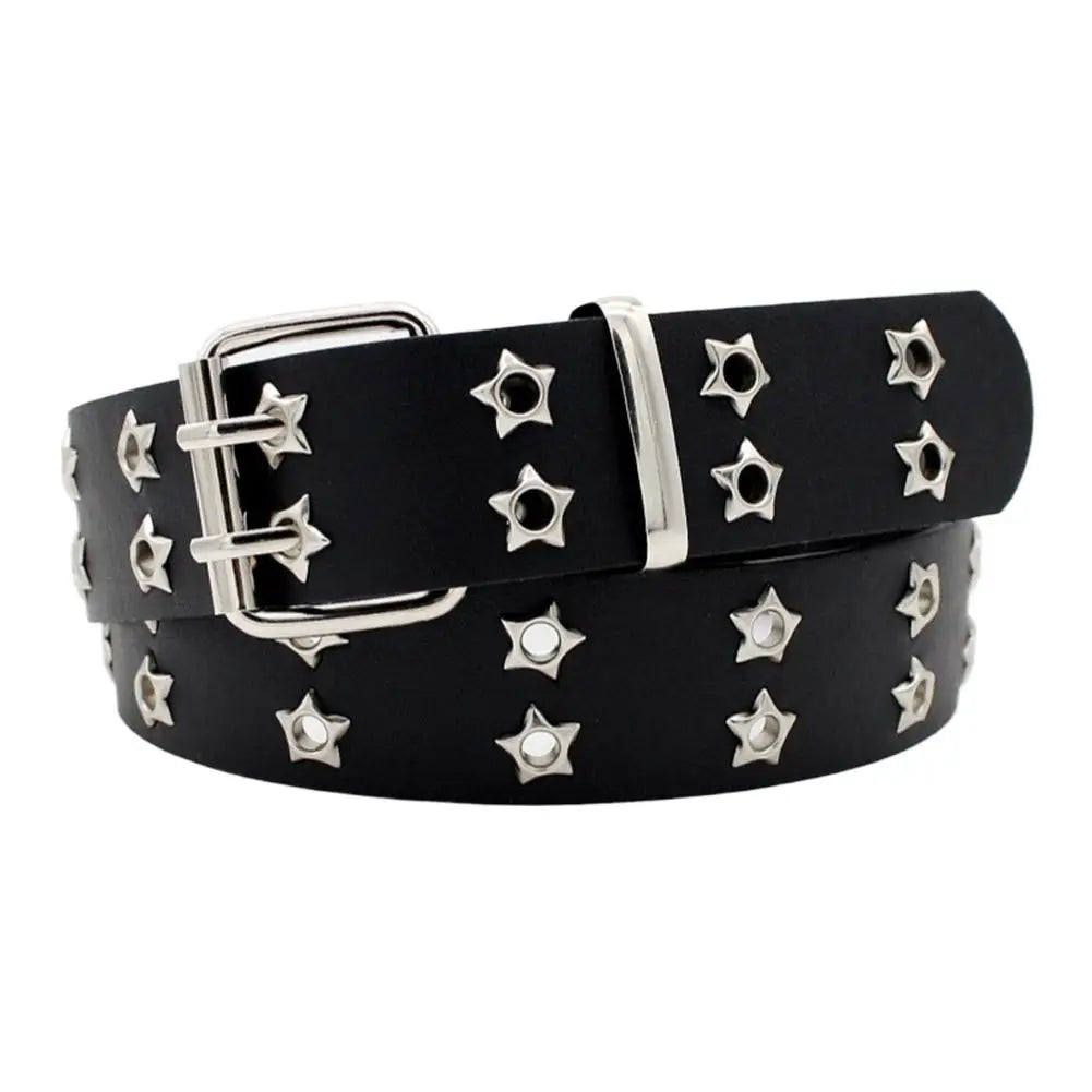 Y2K Punk Rivet Leather Belts  Star PU Black White Waist Strap Double Row Hollow For Jeans Skirt Decor Gothic Waistband