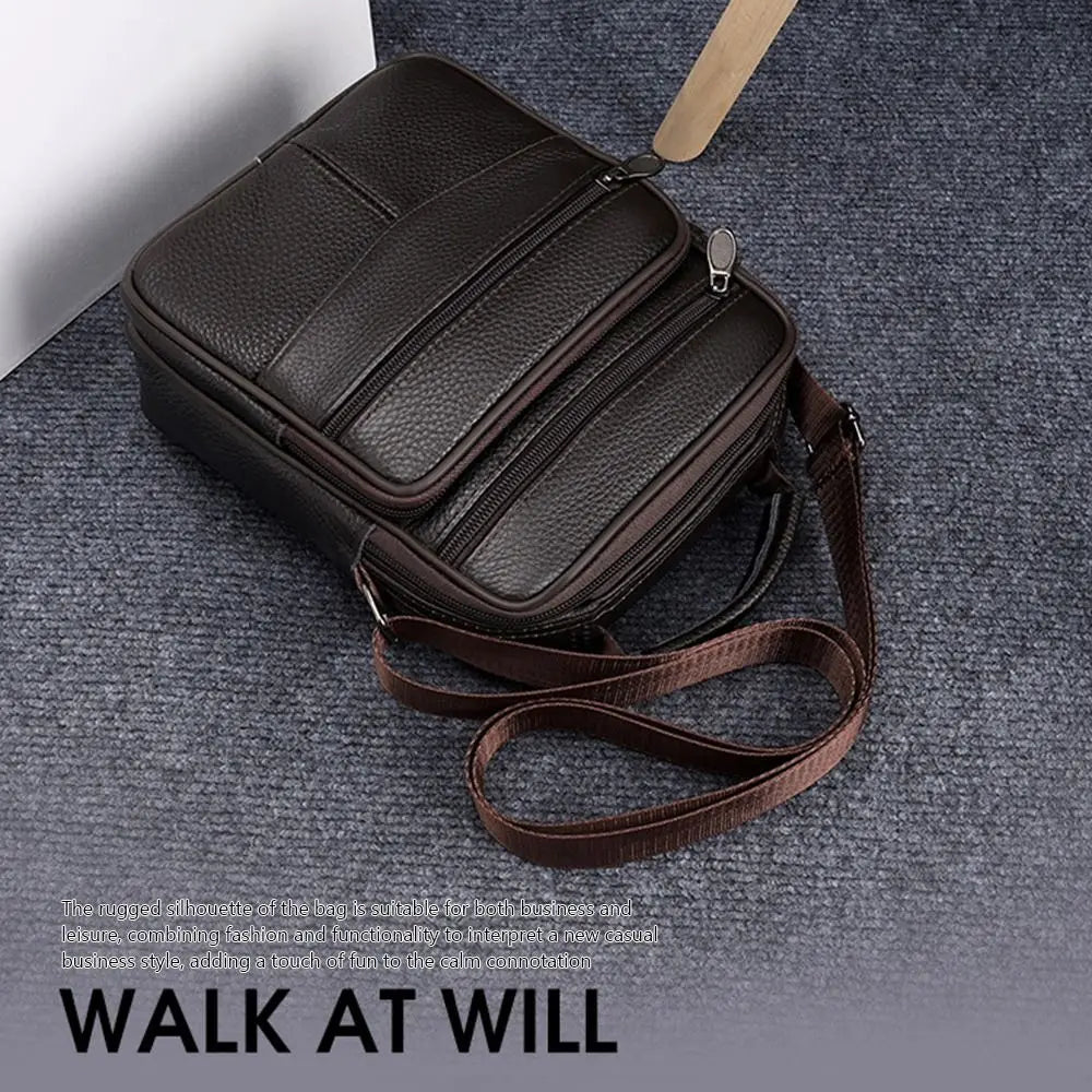 Natural Leather Men's Leather Handbag Small Size Tablet Compartment Genuine Leather Shoulder Bag Shoulder Strap Messenger Style