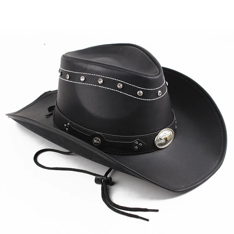 Black Leather Sombrero hombres Western Cowboy Hat Men's Gentleman Godfather Hat PU Material Panama Cowboy Hat Jazz Hat