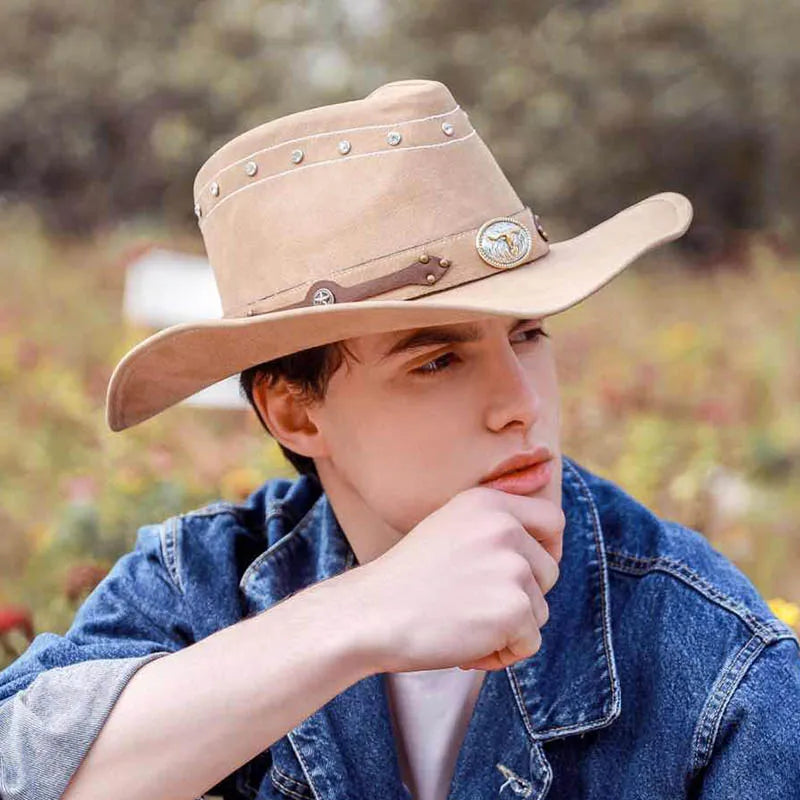 Classic Western Men's Cowboy Hat Women Cowgirl Cap Faux Leather Black Outdoor Gentleman Sombrero Hombre With Windproof Rope
