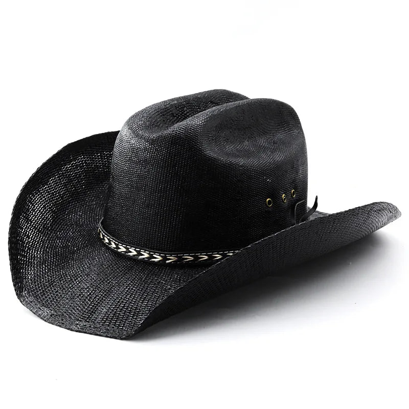 2026 Western Cowboy Hat with Braided Raffia Band, Handwoven Cavalier Style Trilby for Men Women Summer Vintage Leather Accent