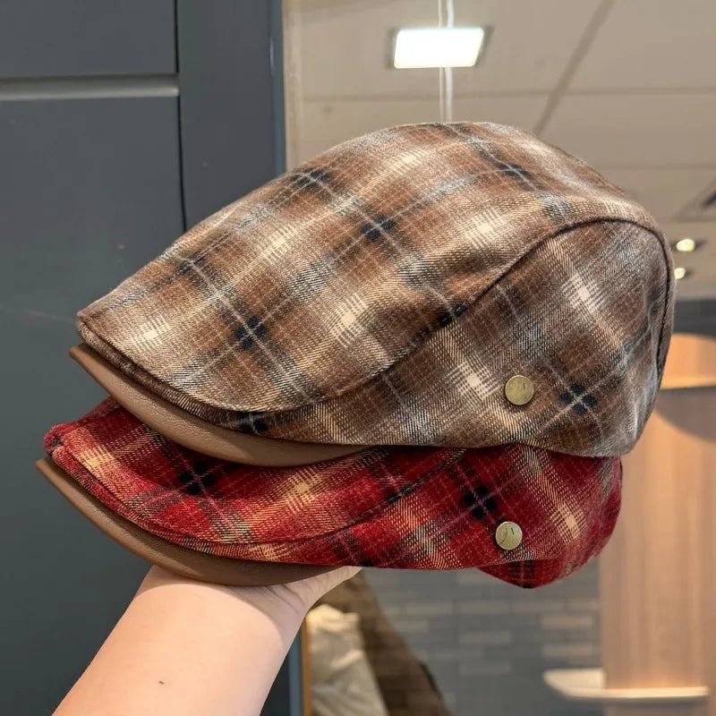 Classic Contrast Plaid Stitching PU Leather Brim Forward Hats Women Spring Autumn Street Trend Versatile Casual Literary Berets