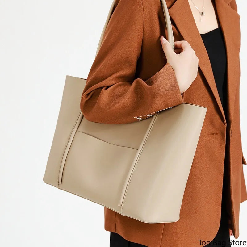 Genuine Leather Tote Bag for Women Commute Large Bag with Detachable Pouch & Shoulder Strap Logo-Free Minimalist Quiet Luxury