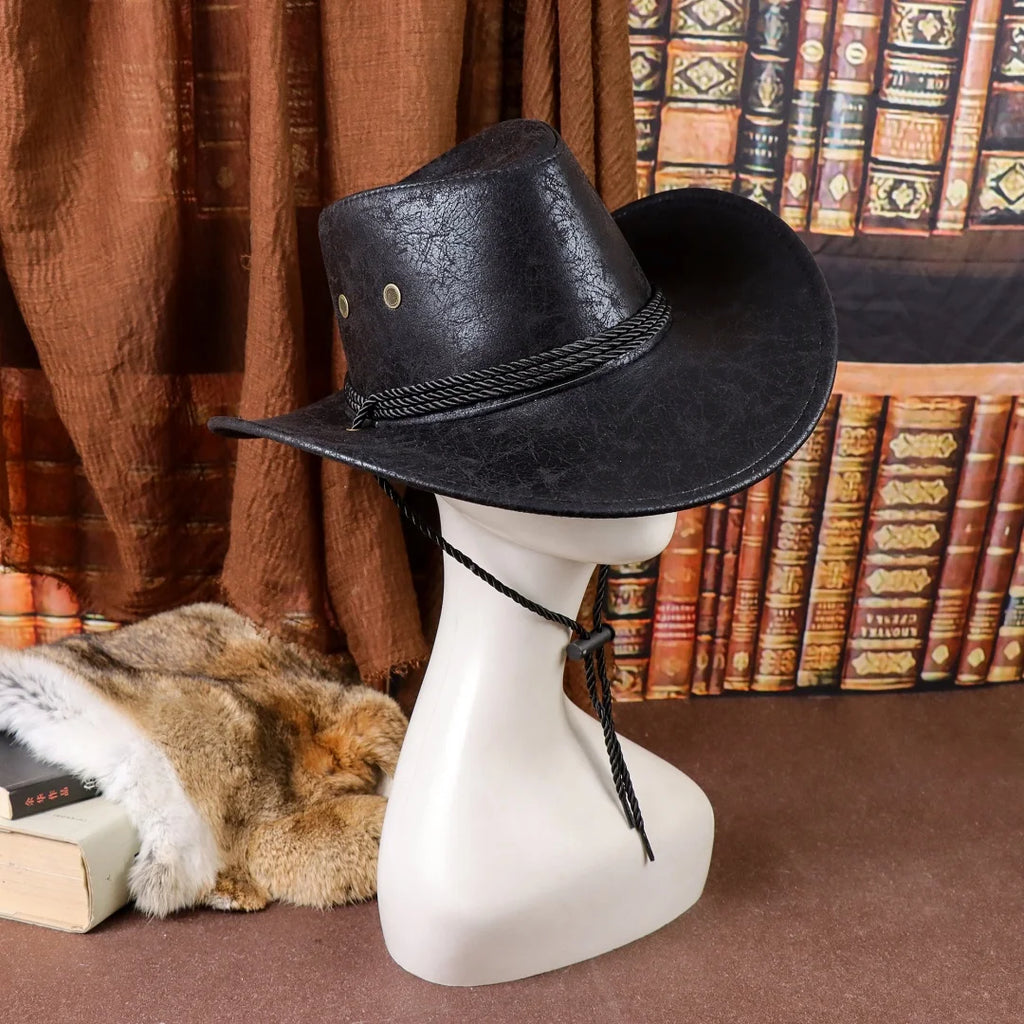 Vintage Faux Leather Big-edge Western Cowboy Hats Panama Gentleman Cowgirl Jazz Hat Holidays Party Cosplay Hat