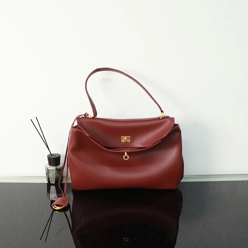 Genuine Leather Tote Bag with Buckle Closure, Large Capacity Underarm Shoulder Bag Designer Handbag Crossbody Purse for Women
