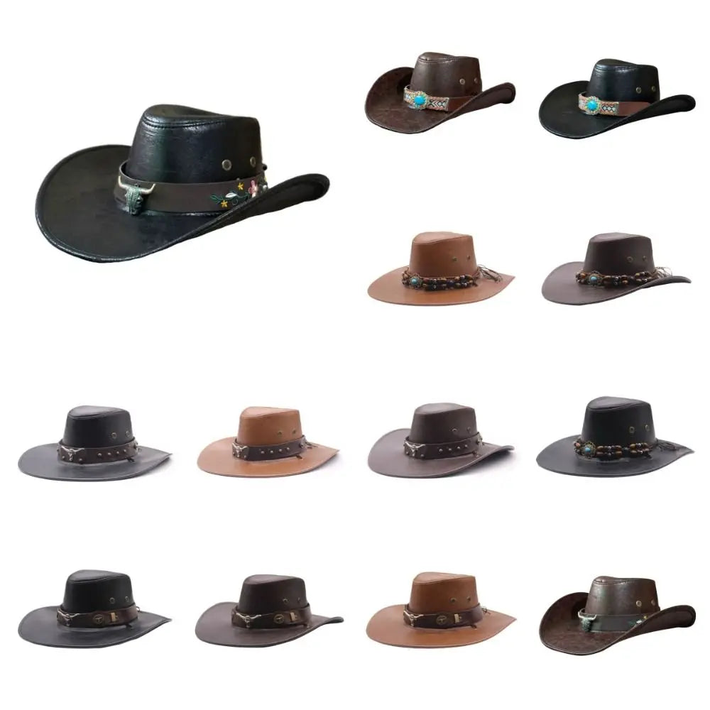 PU Leather Western Cowboy Hat Drawstring Outdoor Travel Hat Sunscrean Bucket Cap Panama Hat Cowgirl Hat Fisherman Hat