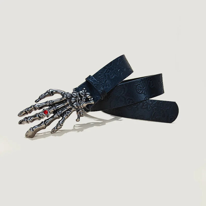 Punk Skull Plus size Leather Belt For women and men Harajuku Gothic Y2K Embossed Skeleton Hand Decoration Halloween Accessories
