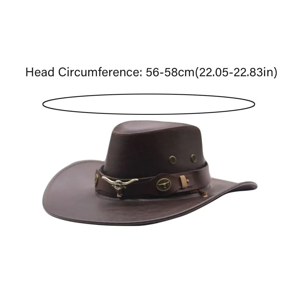 PU Leather Western Cowboy Hat Drawstring Outdoor Travel Hat Sunscrean Bucket Cap Panama Hat Cowgirl Hat Fisherman Hat
