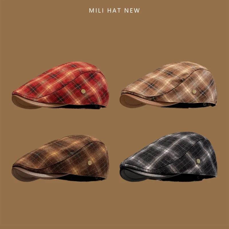 Classic Contrast Plaid Stitching PU Leather Brim Forward Hats Women Spring Autumn Street Trend Versatile Casual Literary Berets