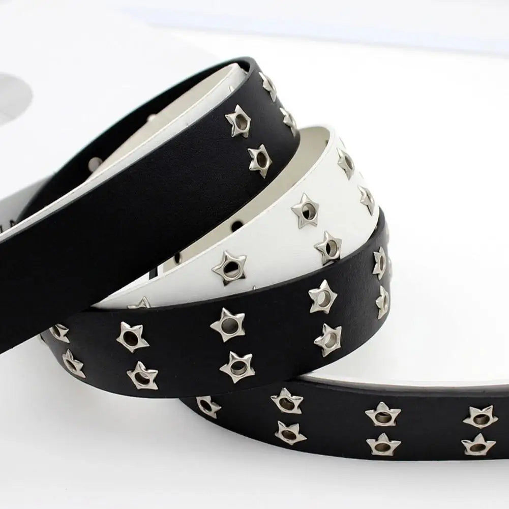 Y2K Punk Rivet Leather Belts  Star PU Black White Waist Strap Double Row Hollow For Jeans Skirt Decor Gothic Waistband