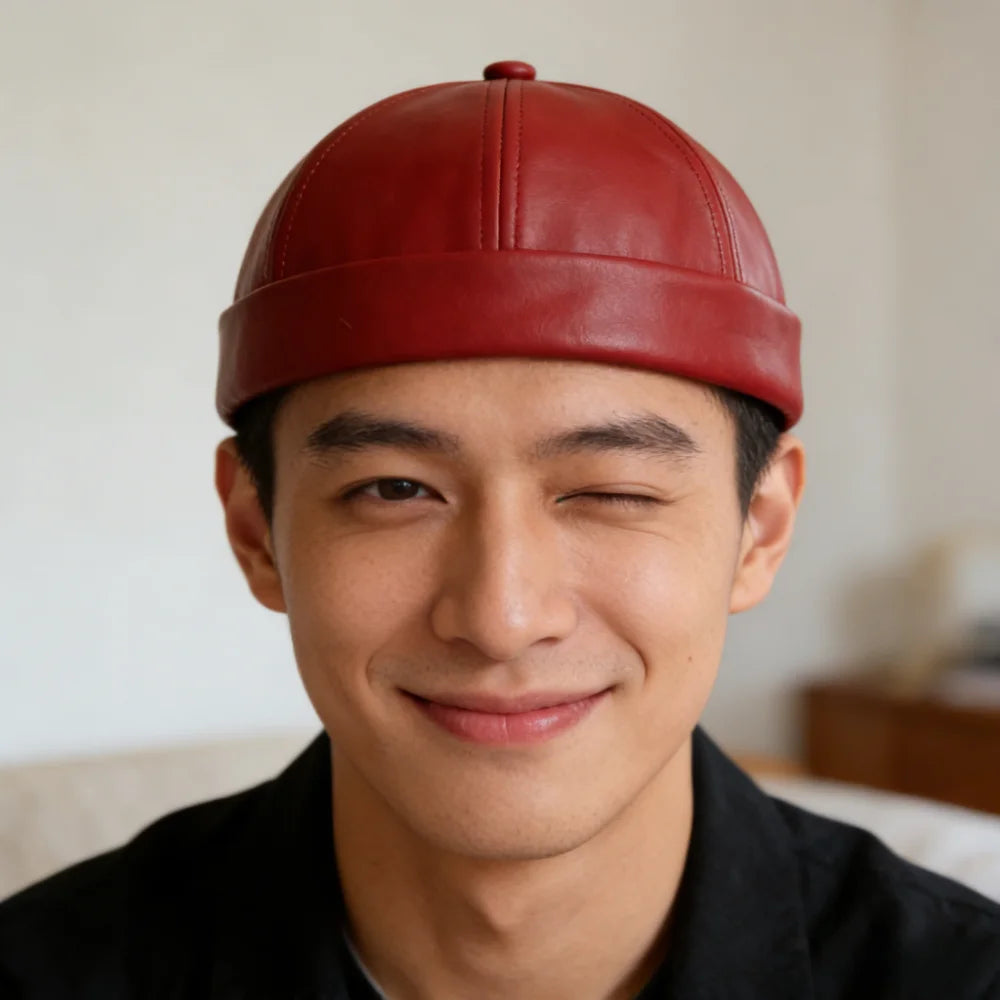 Casual Leather Brimless Round Landlord Hat Solid Color Retro Melon Skin Hat Simplicity Adjustable Trendy Cap Winter