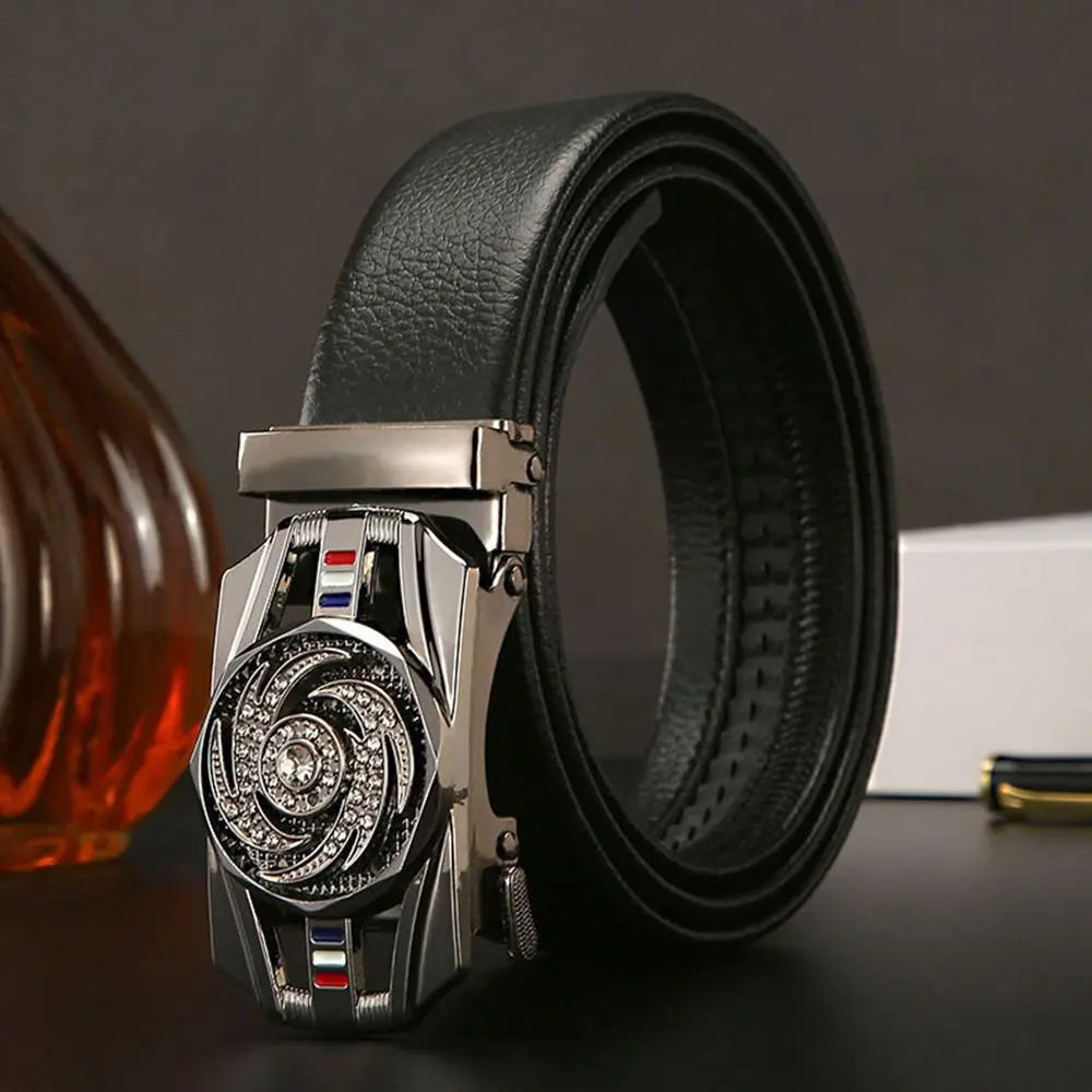 Men Business Time To Run Belt Man Automatic Buckle Leather Belt Golden Waist Buckle Males Luxury Belt Rhinestone Decoration