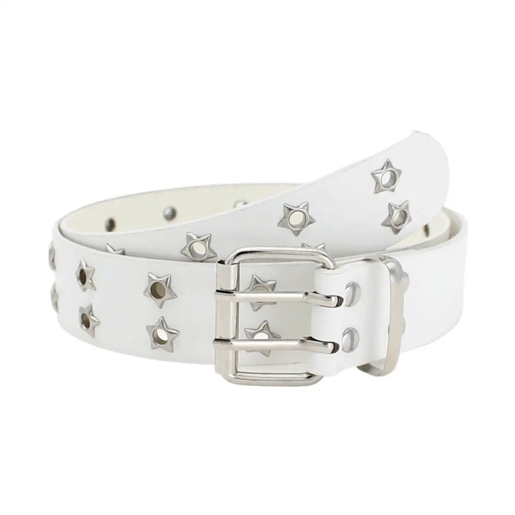 Y2K Punk Rivet Leather Belts  Star PU Black White Waist Strap Double Row Hollow For Jeans Skirt Decor Gothic Waistband