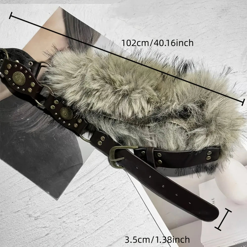 Fashion Women's Faux Fur Belt Rivet Leather Belts for Pants and Coats Brown and Black Y2K Girls' Belt
