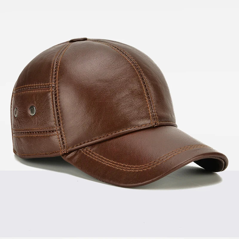 2026 New Style Men Cowhide Hat Winter Warm Outdoor Protect Ear Real Leather Adjustable Baseball Cap Men Real Cowhide Leather Cap