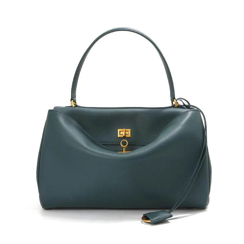 Genuine Leather Tote Bag with Buckle Closure, Large Capacity Underarm Shoulder Bag Designer Handbag Crossbody Purse for Women