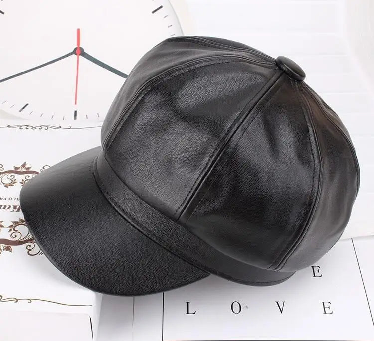 British Style Berets Visor Pu Leather Flat Top Hat Retro Black Painter Hat Classic Versatile Adjustable Beret Casual Sun Hats