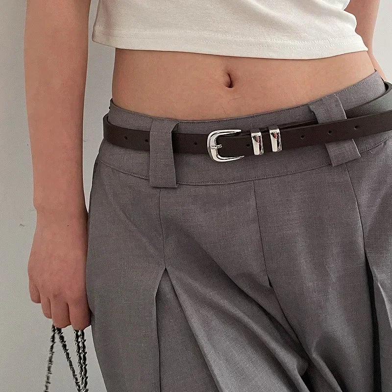 Minimalist Style Belts for Woman Simple Solid Color Versatile Belts Silver Color Plating Metal Buckle Fashionable Belts