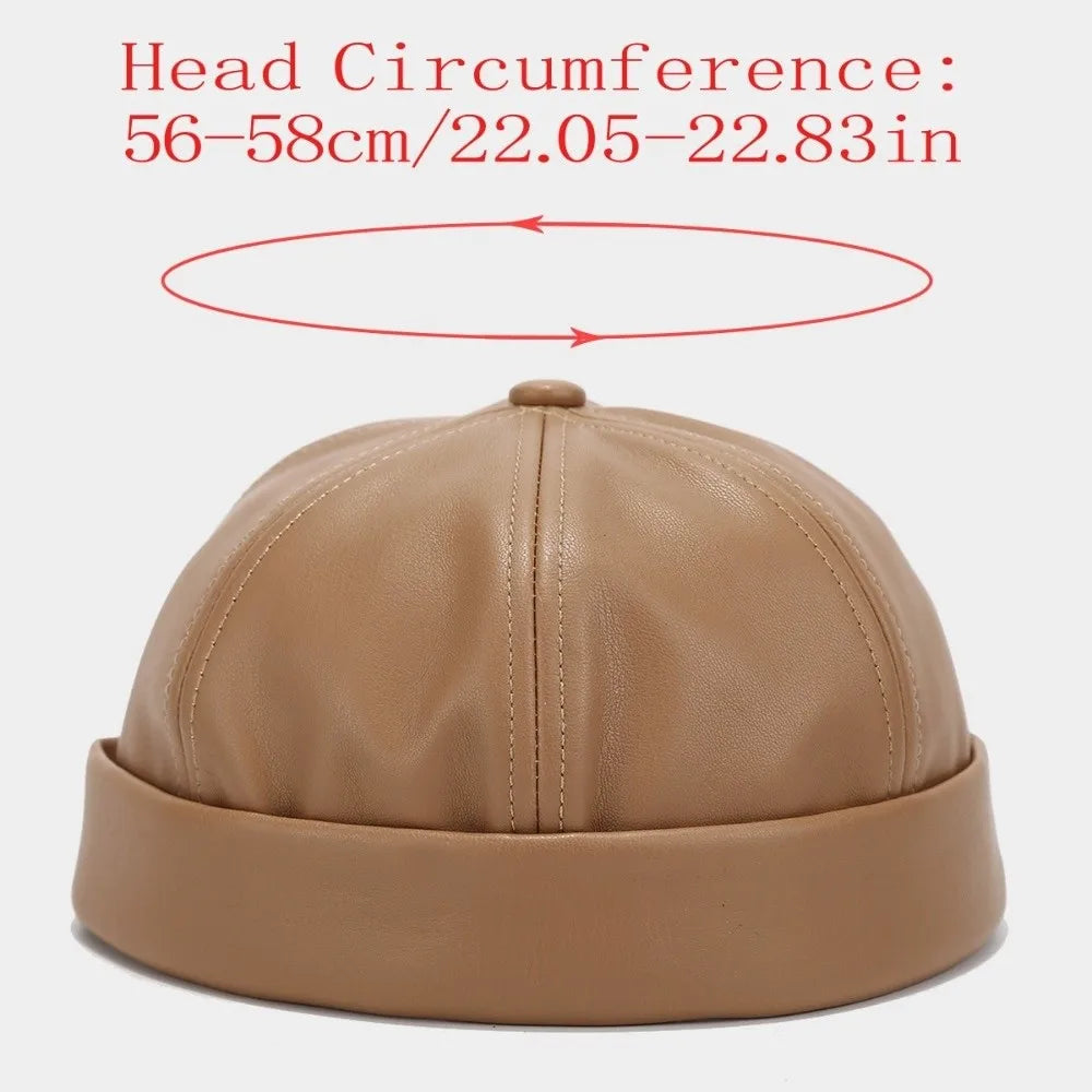 Casual Leather Brimless Round Landlord Hat Solid Color Retro Melon Skin Hat Simplicity Adjustable Trendy Cap Winter