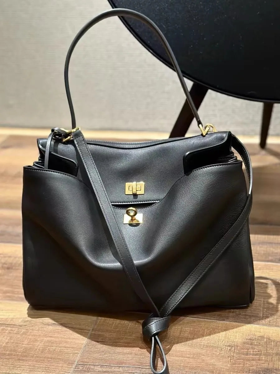 Genuine Leather Tote Bag with Buckle Closure, Large Capacity Underarm Shoulder Bag Designer Handbag Crossbody Purse for Women