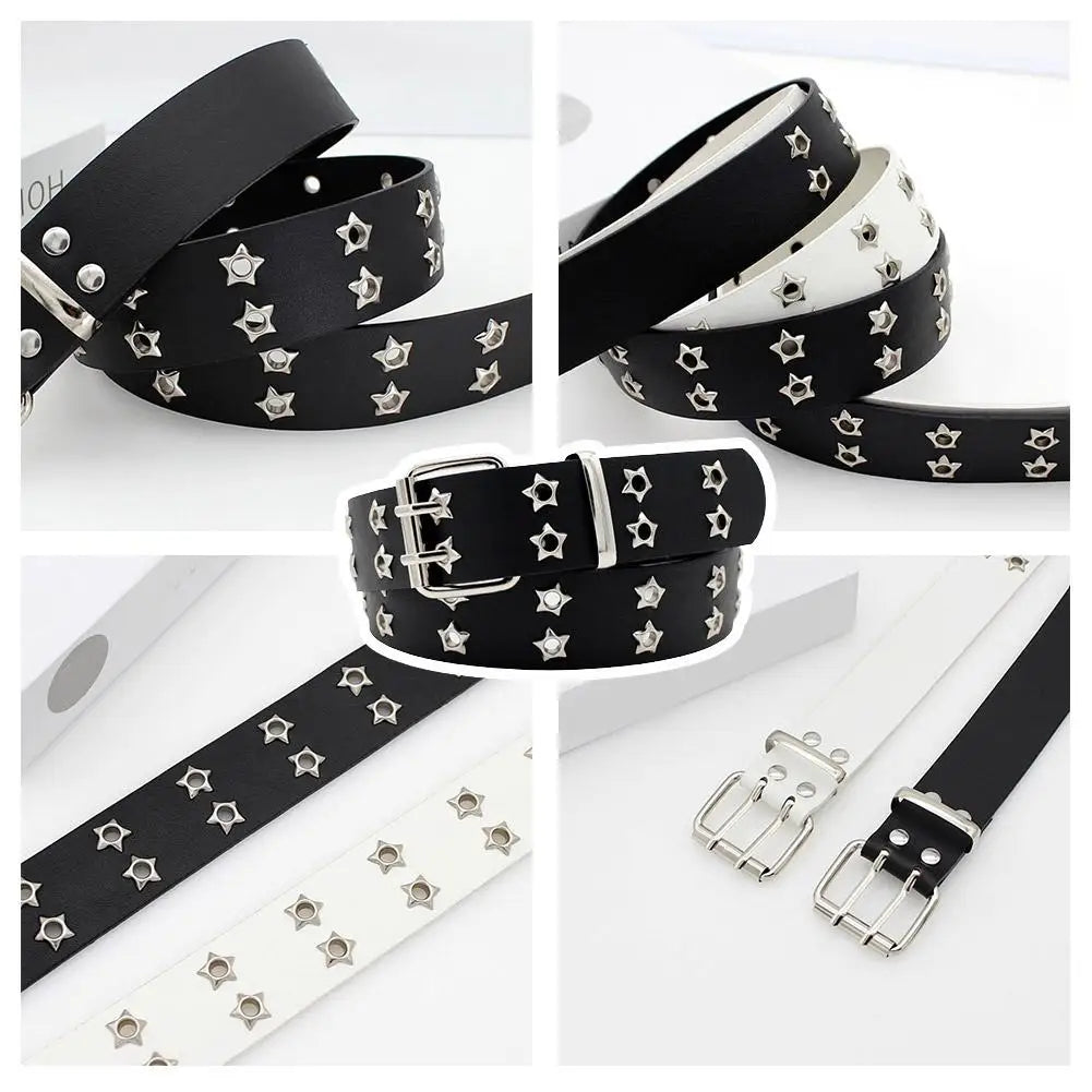 Y2K Punk Rivet Leather Belts  Star PU Black White Waist Strap Double Row Hollow For Jeans Skirt Decor Gothic Waistband