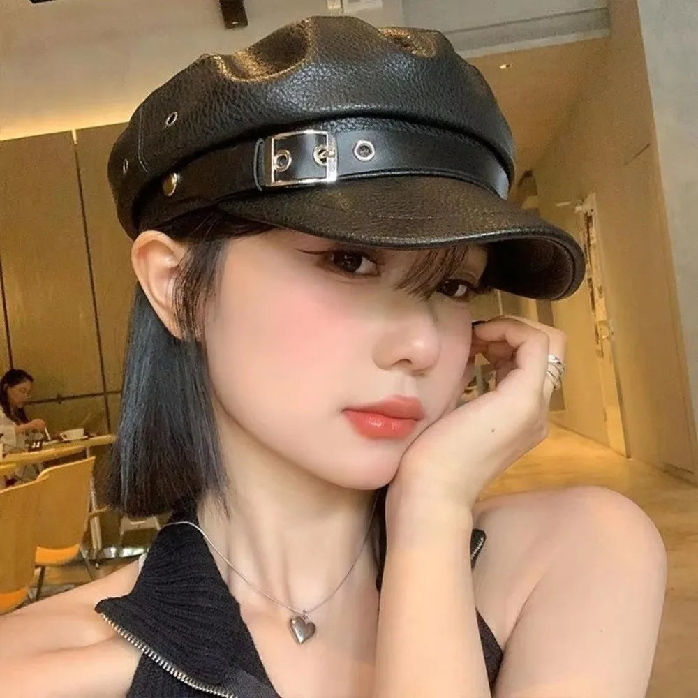 Classic Flat Top Beret Hat Black PU Leather Sailor Visor Hat Punk Style Adjustable Painter Hat