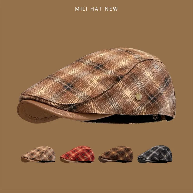 Classic Contrast Plaid Stitching PU Leather Brim Forward Hats Women Spring Autumn Street Trend Versatile Casual Literary Berets